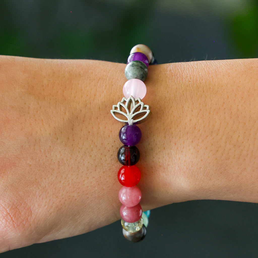 Gemstone Bracelet with Lotus Charm
