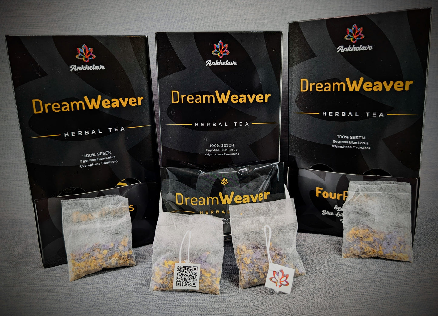 Dream Weaver herbal tea packaging with tea bags on a gray background