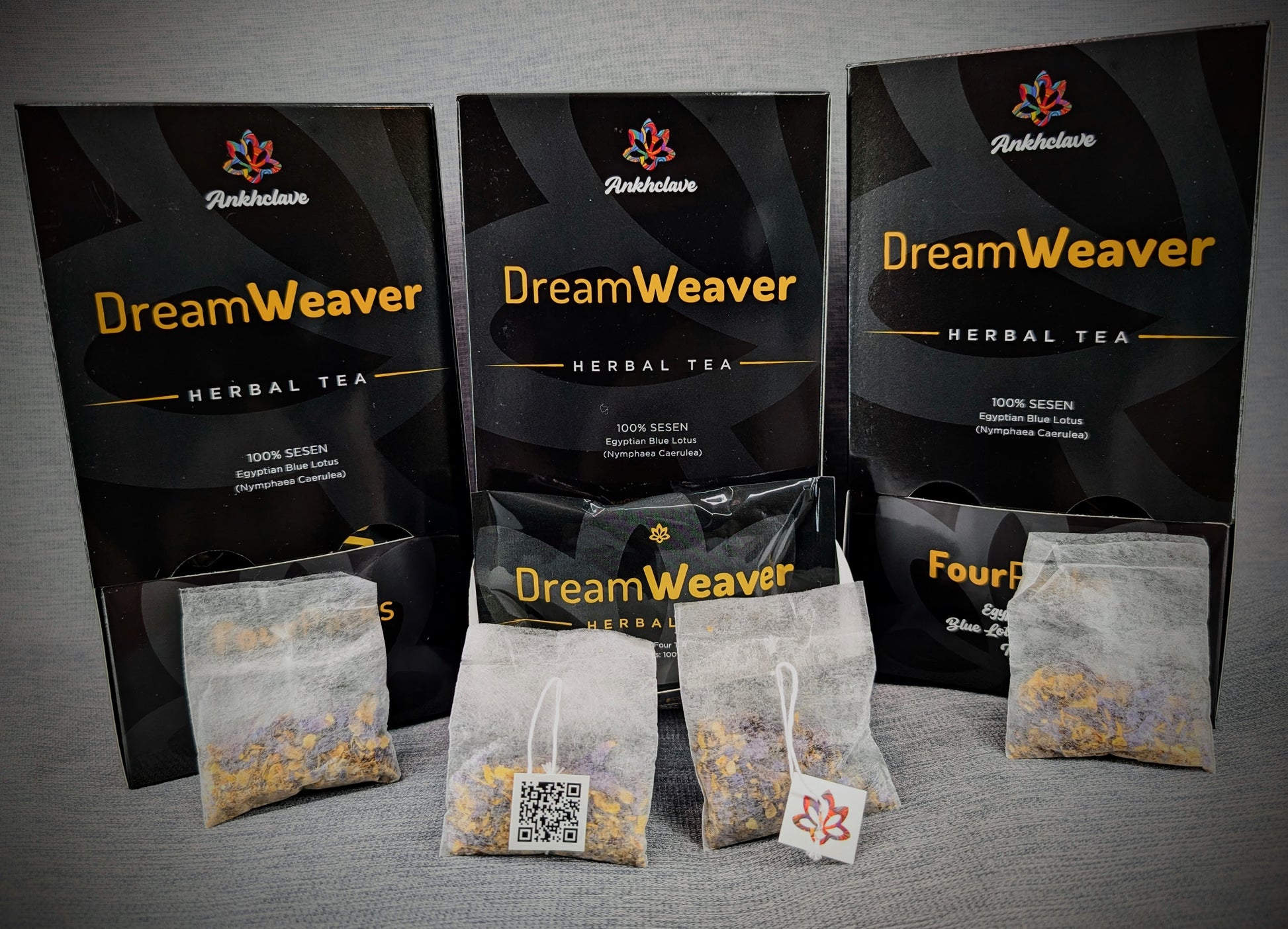 Dream Weaver herbal tea packaging with tea bags on a gray background