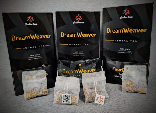 Dream Weaver herbal tea packaging with tea bags on a gray background
