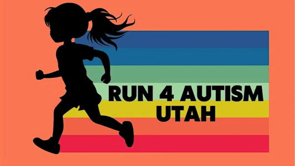 Silhouette of a girl running against a colorful striped background with the text 'RUN 4 AUTISM UTAH'.