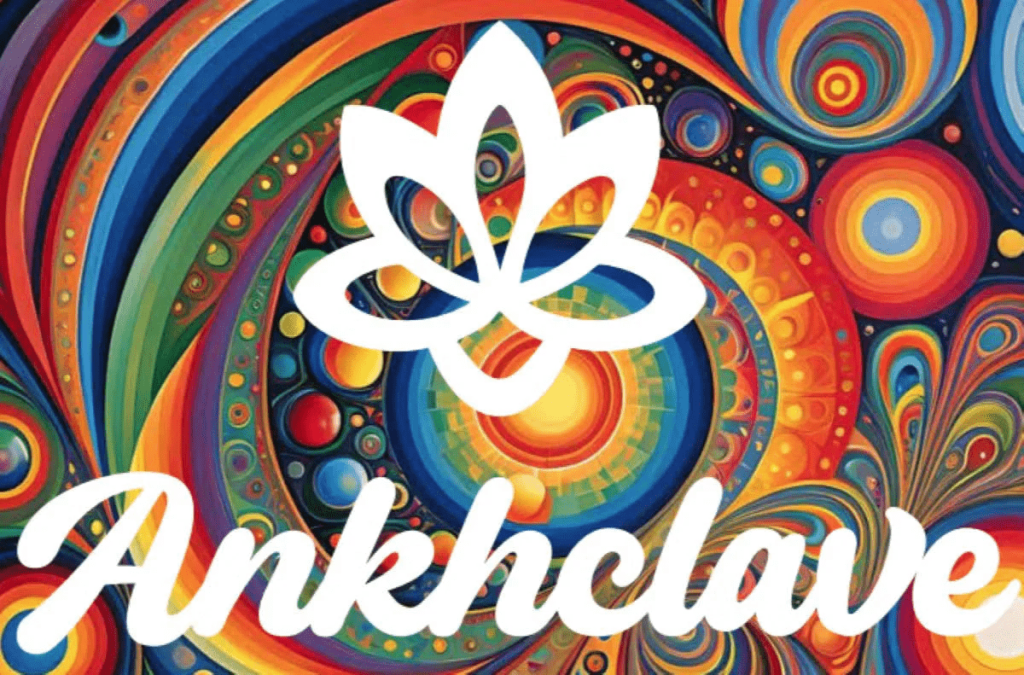 Colorful abstract design featuring swirls and circles, with a white lotus-like logo and the text 'Ankhclave' in bold white lettering.