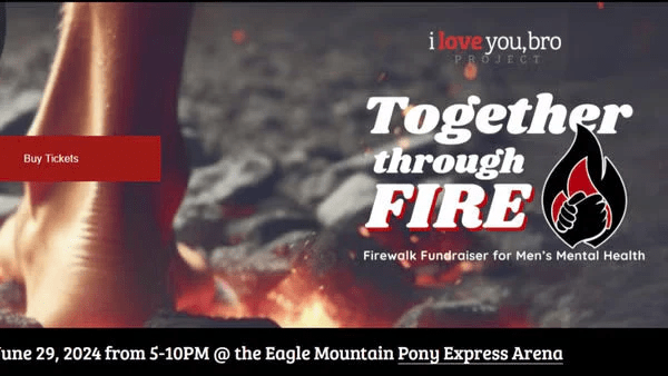 Banner promoting the 'Together through Fire' event, featuring firewalk fundraiser for men's mental health, with event details and ticket purchase options.