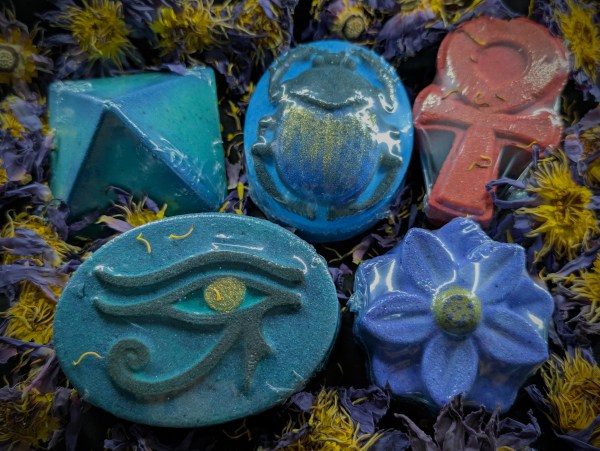 Egyptian Blue Lotus Infused Bath Bombs + Crystal - Pyramid, Scarab, Ankh, Lotus Flower, Eye of Ra